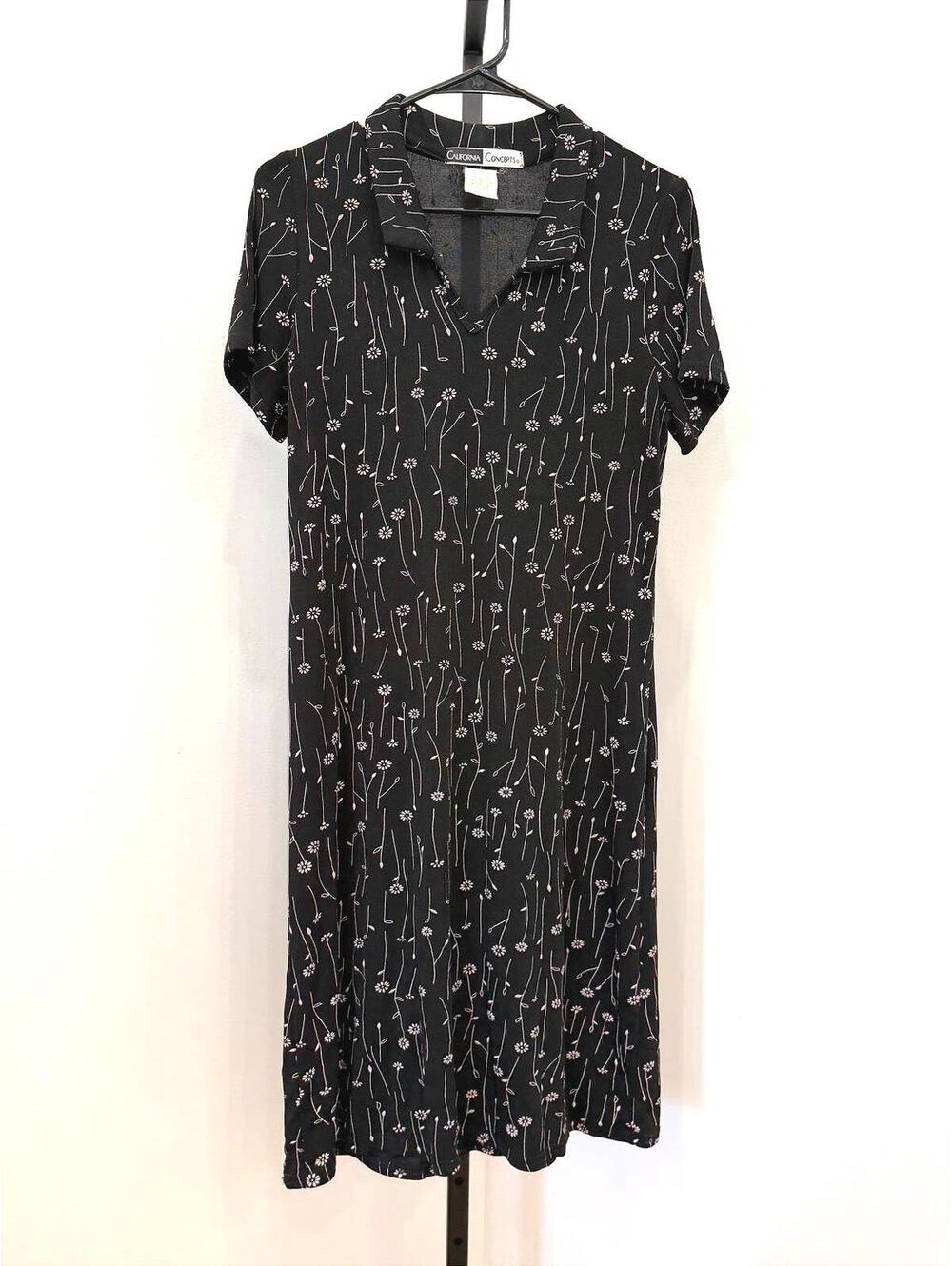 California Concepts Black Floral Print Short Sleeve Dress Size 10 y2k
